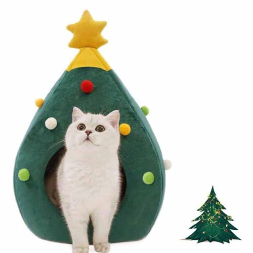Ushang Pet Albero di Natale Letto per Gatti Tenda Portatile Verde per Animali Domestici Igloo da Interno Cuccia per Gatti, 38 x 38 x 50 cm