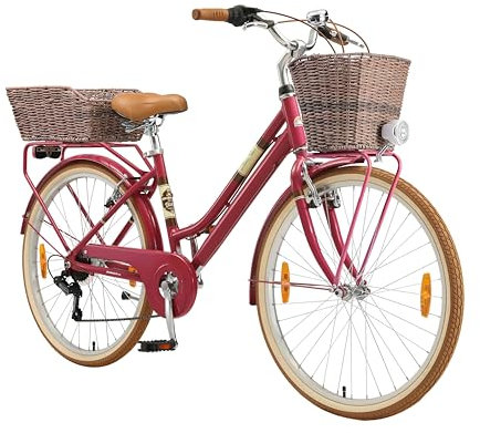 BIKESTAR Alu City Stadt Fahrrad 26 Zoll | 16 Zoll Rahmen, 7 Gang Shimano Damen Rad, Hollandrad Retro Bike mit V-Bremse und Gepäckträger | Berry | Risikofrei Testen
