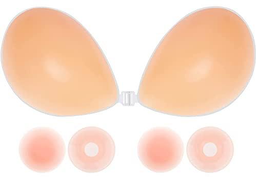 Memoryee Donna Reggiseno Senza Spalline, Reggiseno Invisibile in Silicone Adesivo Push Up con 4 Riutilizzabile Coppa Reggiseno Capezzolo per A-G Coppa Grandi/#1 Beige/C