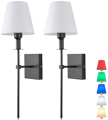 Aiehnid Battery Operated Wall Lights Set of 2，with Color Temperature Dimmable Remote Control，Battery Powered Non Hardwired Wall Lamp，for Bedroom Farmhouse Bedside Reading Light (Black)