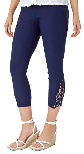 Roman Originals Lace Cropped Trousers for Women UK - Ladies Three Quarter Pants 3/4 Length Lacey Trim Stretch High Waisted Bengaline Smart Office Work Going Out Party Leggings