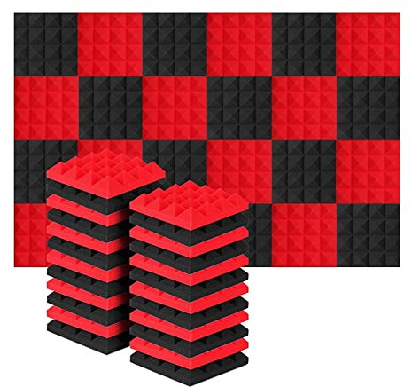 Lot de 24 panneaux acoustiques en mousse pyramidale pour studio 25 x 25 x 5 Noir + rouge