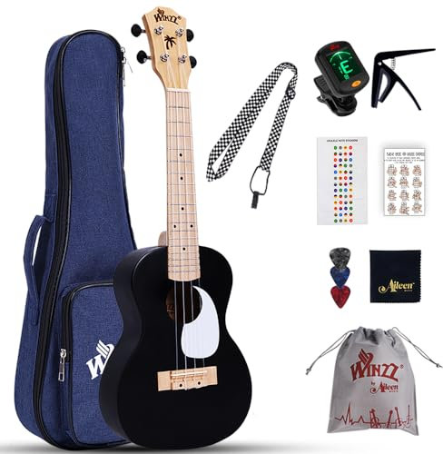 Winzz Ukulele Erwachsene Anfänger Set, Konzert Ukulele 23 Zoll, Kinder Einsteiger Kit mit 9 Zubehör (Farbe: Schwarz, Holz)
