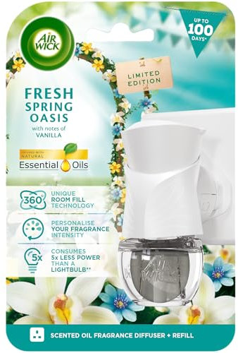 Air Wick Plug in Diffuser Kit, Fresh Spring Oasis, 1 Device & 1 Refill (19ml), Long Lasting Fragrance, Lasts up to 100 Days, Plug in Air freshener