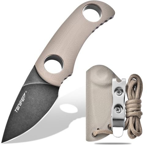 Tonife Runer Full Tang Coltello da Caccia campeggio a Lama Fissa 4,7cm con Guaina Kydex Regolabile Facile Portabile con Cordino in Paracord per Sopravvivenza (Sabbia Calda+Ossido Nero e poi Stonewash)