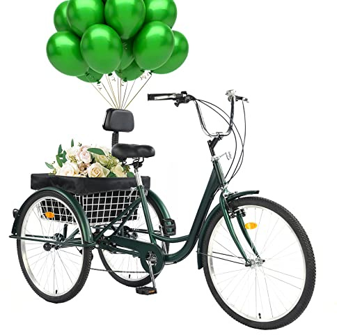 EVGTTI 24/26 Adult Tricycle 7 Speed, 3 Wheel Mountain Trikes, Three Wheeled Bikes with Basket & Backrest Seat for Seniors, Women, Men, Multiple Colors
