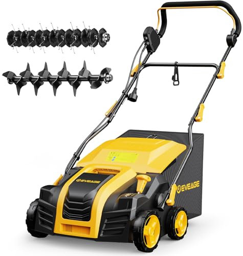 EVEAGE Dethatcher eléctrico y escarificador de 16 pulgadas, 15 amperios, ajuste de profundidad de 5 posiciones, bolsa extraíble de 14.5 galones, plegado rápido, tecnología Airboost que aumenta la