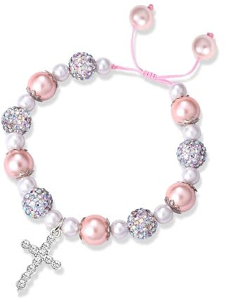 GAUEIOUR Pink Cross Bead Bracelet for Girls - Gradient Stainless Steel Diamond Pendant, Adjustable Woven Design - First Communion Christian Baptist Gift