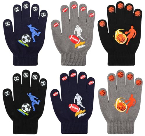 QKURT 6 Pares de Guantes para niños de 5 a 12 años, Guantes mágicos de Invierno Guantes con Dedos Completos, Manopla de Punto elástica con Diseño Deportivo de Baloncesto y Fútbol para Niños y Niñas