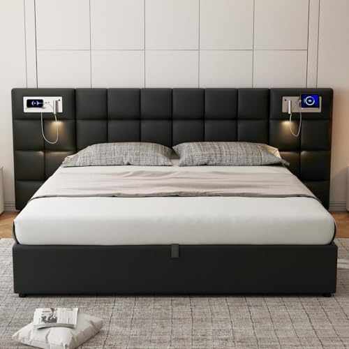 Sweiko Lit rembourré 180 x 200 cm, lit hydraulique avec Port USB et Recharge sans Fil, lit Double avec Espace de Rangement, pour Adultes et Adolescents (Black)