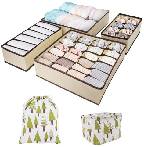 Minnhua Set organizzatore di 4 Organizer Armadio Divisori per Cassetti Pieghevole Organizer Cassetti Intimo Separatori per Cassetti in Tessuto per Calzini Cravatte Reggiseni Mutande Beige