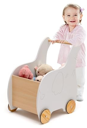 LIFEZEAL Chariot de Marche Bebe en Bois, Trotteur Bébé avec Espace de Rangement, Jouet à Roulettes, Design épuré pour 1-3 ans, blanc + naturel