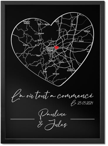 Pictalia - Affiche personnalisée pour couple Coeur Là où tout a commencé, Lieu de rencontre, date de rencontre, texte personnalisable, cadeau Homme Femme, Saint-Valentin, Amoureux, Cadeau couple
