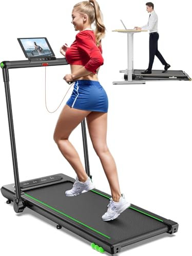 THERUN Laufband Klappbar für Zuhause bis 12km/h, 2 in 1 Walking Pad laufbänder mit Großer Lauffläche und Touchscreen-LED Anzeige, ‎ 2.5PS Leises Schreibtisch-Laufband für Büro (Grün)