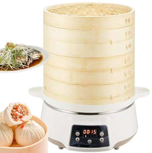 Cuiseur Vapeur électrique, marmite à Vapeur Rapide en Bambou de 8 L avec réservation Intelligente 24 Heures et minuterie de 60 Minutes, 3 Niveaux de réglage de la Puissance, cuiseur à Vapeur