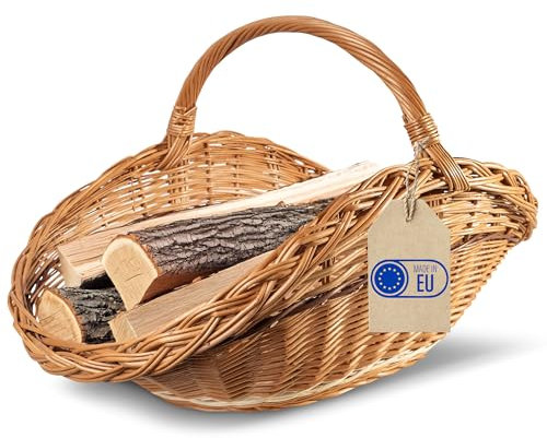 Creative Home Groß Holztrage Rattan Kaminholzkorb Kaminkorb Tragekorb | 67 x 41 x 43 cm | Aufbewahrung Oval Holzkorb Weidenkorb für Kaminholz/Holz | Braun Dick Weide Feuerholzkorb mit Streifen