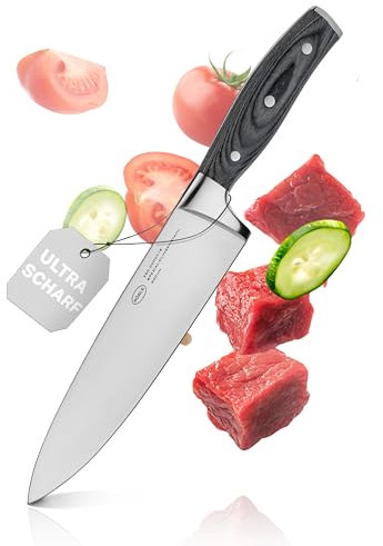 RÖSLE Kochmesser WOLFGREY 20 cm – Hochwertiges und scharfes Küchenmesser, universell einsetzbar für Fleisch, Fisch, Geflügel und Gemüse – Kochmesser mit ergonomischem Griff aus hochwertigem Pakkaholz