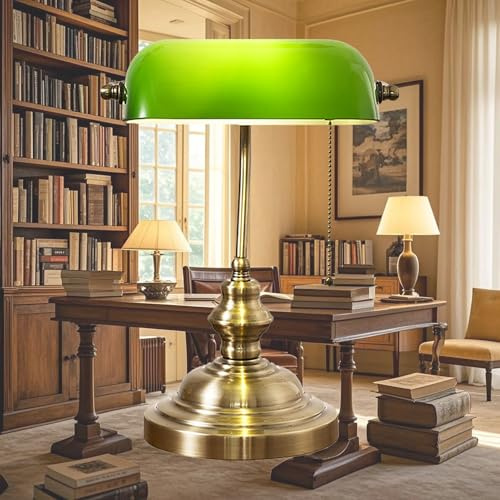 Lampe Banquier En Verre Vert Bankers Lamp Avec Interrupteur À Chaînette, Lampe De Bureau De Banquier Du Milieu Du Siècle Pour La Maison, Le Bureau, La Bibliothèque, Noël, E26(Green)