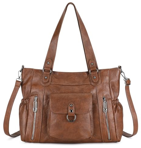 BAIGIO Grand Sac a Main Femme Cuir PU Vintage, Cabas Femme avec Multipoches, Sac Bandoulière Fourre Tout Femmes, Sacs Portés Épaule Tendance pour Cours Lycee, Shopping, Travail, Voyage, Brun