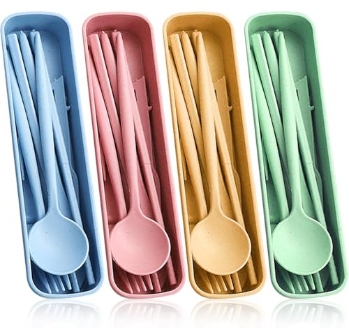 4 Pack Travel Cutlery Set, Plastic Cutlery, Portable Utensil Set with Case, Reusable Spoon Fork Knife for Camping, Picnic, Office,Daily Use