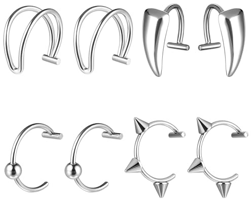 Zyghjort 8 stycken falsk piercing, rostfritt stål fejk näspiercing, konstring, läpppiercing för fastsättning, näsring, justerbar septumpiercing för kvinnor och män (silver)