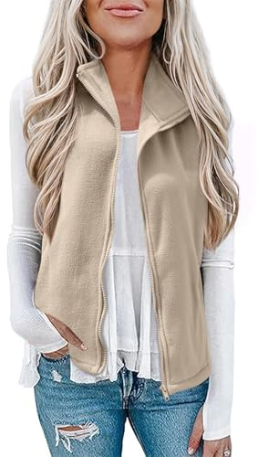 EFFAN Fleece-väst för kvinnor mjuk ärmlös jacka ytterkläder väst väst väst med blixtlåsfickor för vår och höst, Khaki, L