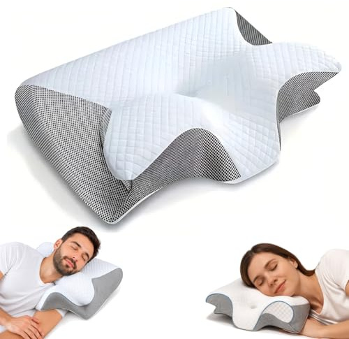 FFitness Cuscino cervicale per Dormire in Memory Foam Ergonomico Sfoderabile Traspirante Ortopedico Guanciale 2 in 1 Supporto al Collo Sostegno Anatomico