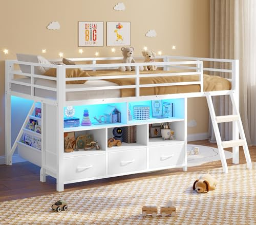 BTHFST Low Loft Bed Twin Size with 3 Storage Drawers, 3-Tier Kids Bookshelf, 5 Open Cubbies and 2 LED Lights Strips, Metal Kids Loft Bed with High Safety Guardrail, Inclined Ladder and Play Area
