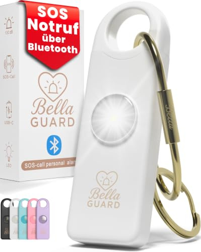 Bella Guard Taschenalarm – mit SOS-Notruf über Dein Smartphone per Bluetooth, Sirene 130dB laut, LED-Stroboskoplicht, wiederaufladbar, Alarm für Frauen unterwegs zum Selbstschutz (weiß)