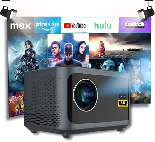 4K/WiFi 6/BT 5.4 Android 13 TV & [inbyggd app] automatiskt fokus, Full HD 1080P, HiFi-högtalare, kort brännvidd, HDMI/Stick/spelkompatibel