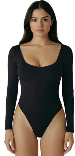 UDILEO Body Donna in Cotone Maniche Lunghe Scollo Profondo Tinta Unita Aderente Elegante Sexy Elasticizzato (NERO, L/XL)