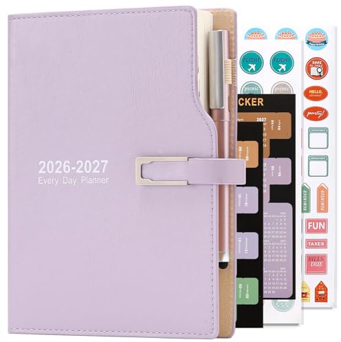 Academic Diary 2026-2027,from Jul 2026-Jun 2027 A5 Day to Page,Schedule Organizer with Calendar Stickers, Agenda Diary Planner with Pen Holder and Pen,Premium Thicker Paper 14 X 21.5 cm (Purple)