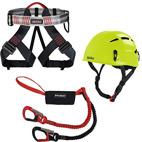 ALPIDEX Kletterhelm Klettergurt + Stubai Klettersteigset Basic 3.0, Farbe:Lime Green, Größe:Gurt - Universalgröße/red Pepper
