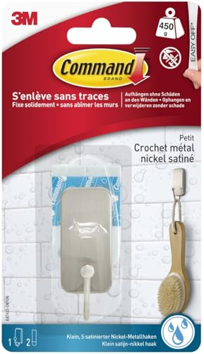 Command Petit Crochet Résistant à l'Eau en Nickel Satiné - 1 Crochet, 2 Languettes - Accrochage sans Dommage