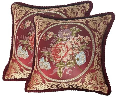 SZHELEJIAM Embroidered Pillow Cover Set of 2, Jacquard Throw Pillow Covers,Vintage Floral Decorative Cushion Covers for Sofa, Bed, Lounger.18.8x18.8 Inch Red
