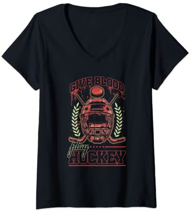 Damen Give Blood Play Eishockey-Helm T-Shirt mit V-Ausschnitt
