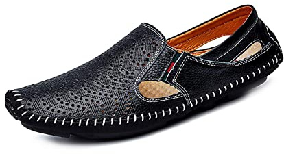 Mens Läder Kör Loafer Lättviktig Slip-On Perforerad Andas Vandring Båt Skor Platt Tofflor Utomhus Mockasin Svart 38/39 EU