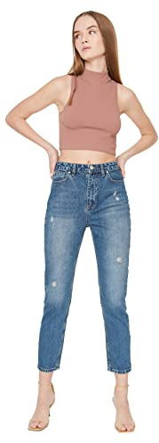 Trendyol Blue Fraying Detailed High Waist mom Jeans, Jeans De Las Mujeres, Blue, 34