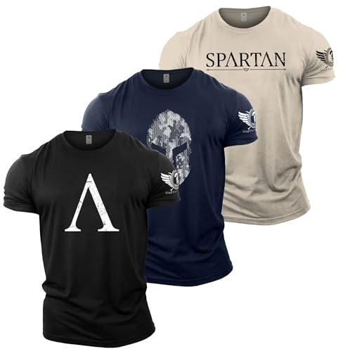 GYMTIER T-shirt de gym pour hommes – Lot de 3 t-shirts – Haut d'entraînement de musculation, Spartan 1, L