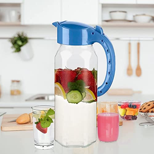 1.5L Glass Jug with Lid Borosilicate Glass Water Jug Transparent Fridge Door Beverage Glass Pitcher with Lid for Hot Cold Water, Ice, Tea & Coffee (Blue)
