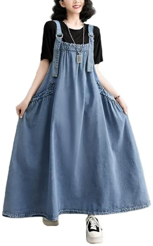 EXPOING Denim Jumper Dress for Women Loose Version Baggy Style Maxi Length Adjustable Straps Wide Hemline (US, Alpha, XX-Large, Regular, Regular, Light Blue 2XL)