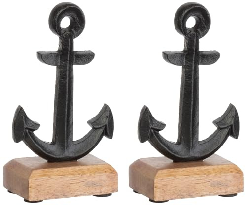 Brandsseller Lot de 2 présentoirs décoratifs en forme d'ancre noire env. 8 x 15 x 5 cm sur socle en bois de manguier/aluminium
