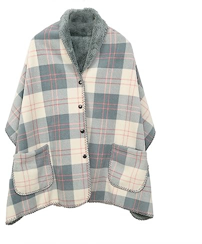 KALWAX Poncho Manta de Forro Polar Cálido de Invierno para Mujer con Botón y Bolsillo, Manta Portátil a Cuadros para Cama, Sofá, Viajes, B, 50 x 160 cm