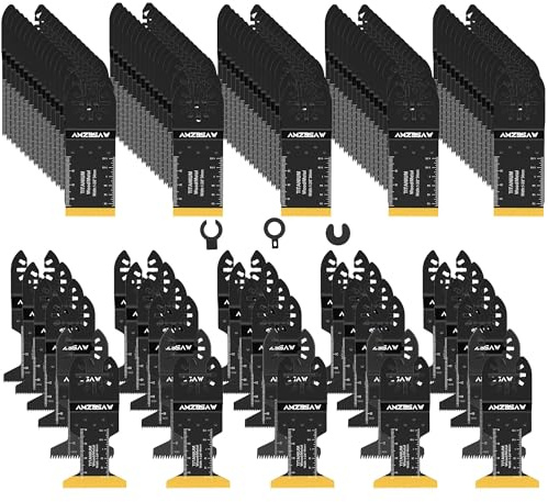 AMZBSAW 110PCS Oscillating Saw Blades Set, Professional Blades for Soft Metal Wood Plastics, Quick Release Multi Tool Blades Kits for Oscillating Tool Accessories