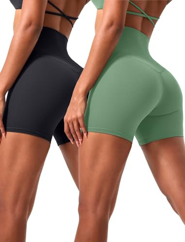VOENXE Women High Waisted Yoga Short,Stretch Soft Breathable Spandex Scrunch Butt Booty Short,Tummy Control Biker Workout Gym Running Legging for Fitness Athletics Cycling,2 Pack