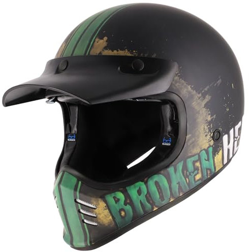 Broken Head Retro MX Helm Rusty Rider Grün Mit Sonnenblende - Vintage Look - Perfekt für Scrambler, Chopper, Bobber, Retrobike (XL (61-62 cm))