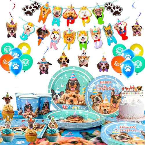Hund födelsedagsdekoration, 97 st hund tema födelsedag dekorationer bordsvaror set hund födelsedag banderoll festtallrik koppar servetter bordsduk ballonger valp cupcake toppers ect