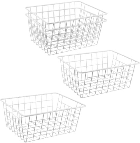 JIEHIN 4 cestas de alambre de metal blanco, 28 x 22 x 12 cm, cestas de almacenamiento apilables para baño, oficina, cocina, armario, estantería