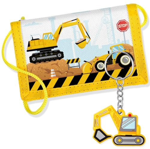 Hestya Kinder Brustbeutel - Dreifach Gefaltete Geldbörse mit Schlüsselanhänger, Portemonnaie zum Umhängen Geschenk für Jungen & Mädchen (Baustelle-Bagger)