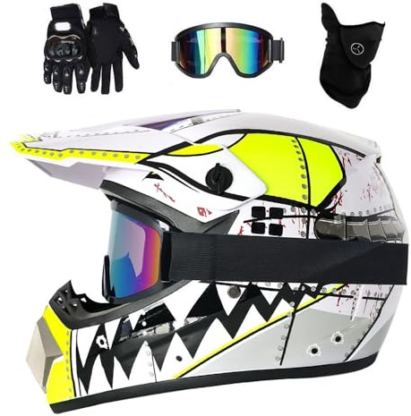 Youth Kids Motocross Helmet Set, with Goggles Gloves Mask, Unisex Full Face Off Road Street Racing Motorbike Helmets, Downhill Enduro BMX MTB ATV Quad Dirt Bikes Helmet(Light White,XL/58-59CM)